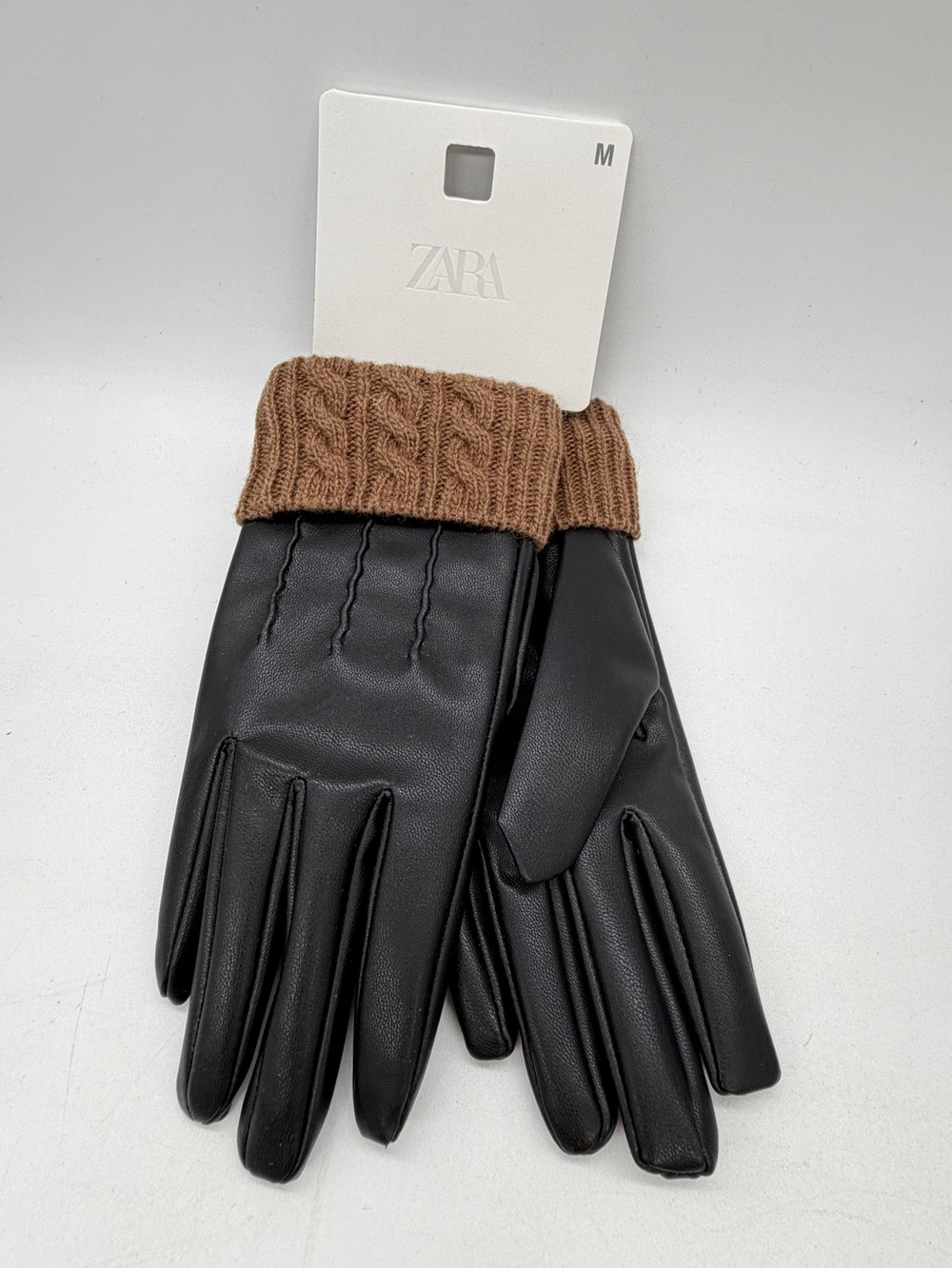 ZARA Wool Blend Faux Leather Short Gloves Black Brown M NWT